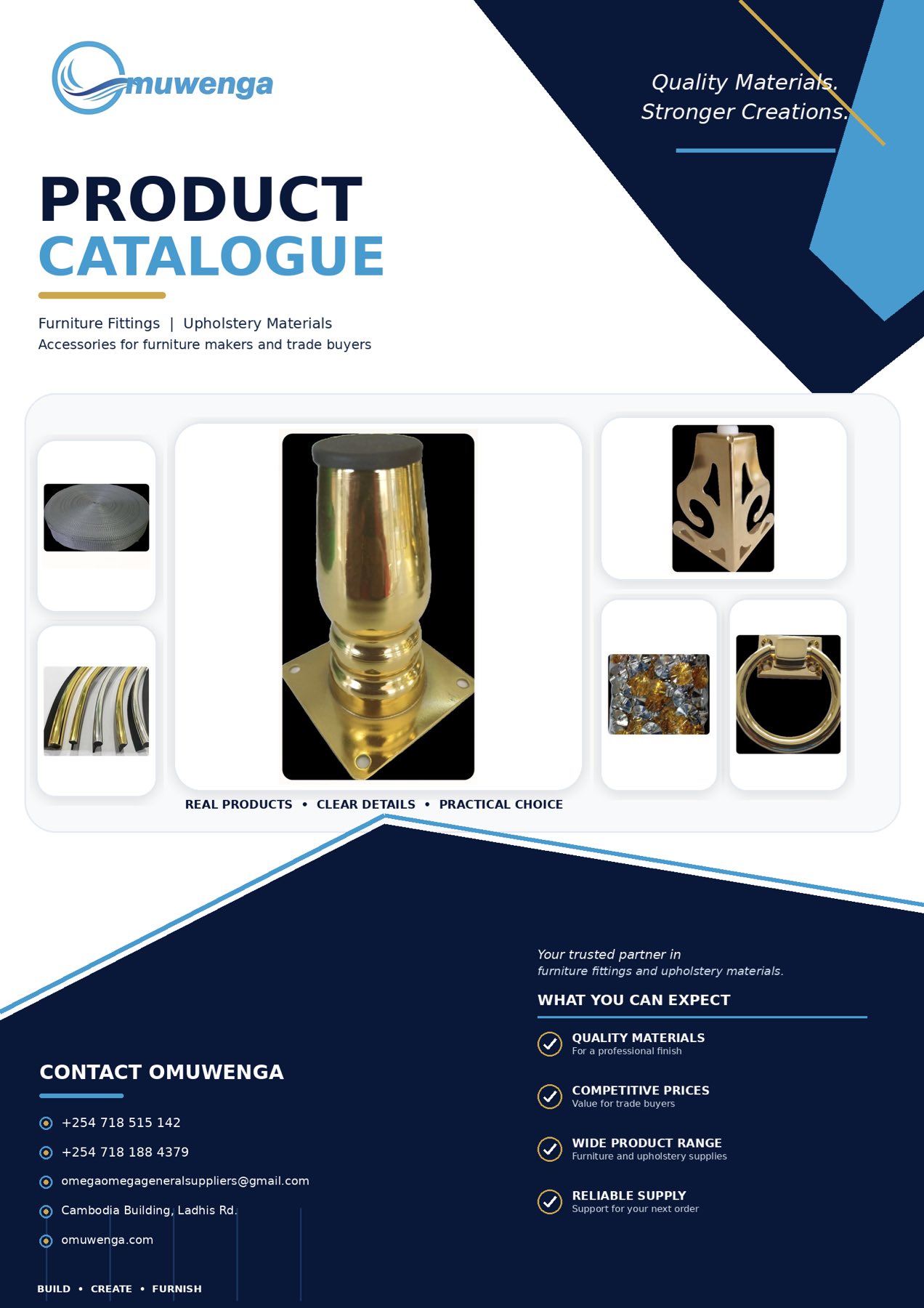 Cover of the product catalogue, showing webbing, piping, a gold sofa leg, a flower stand, buttons and a ring pull.