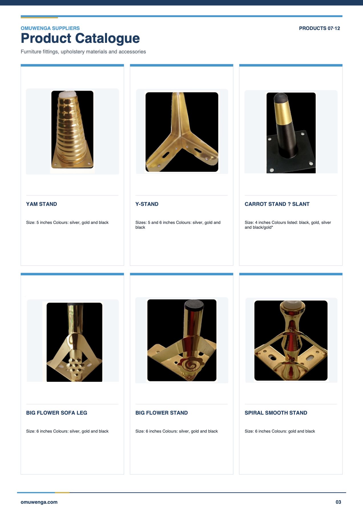 Page 3: yam stand, Y-stand, big flower sofa leg, big flower stand, carrot slant stand and spiral smooth stand.
