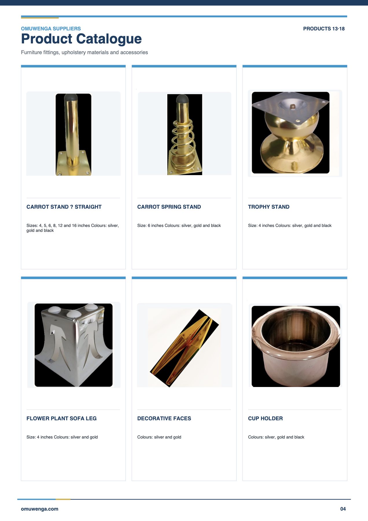 Page 4: straight carrot stand, carrot spring stand, flower plant sofa leg, decorative faces, trophy stand and cup holder.