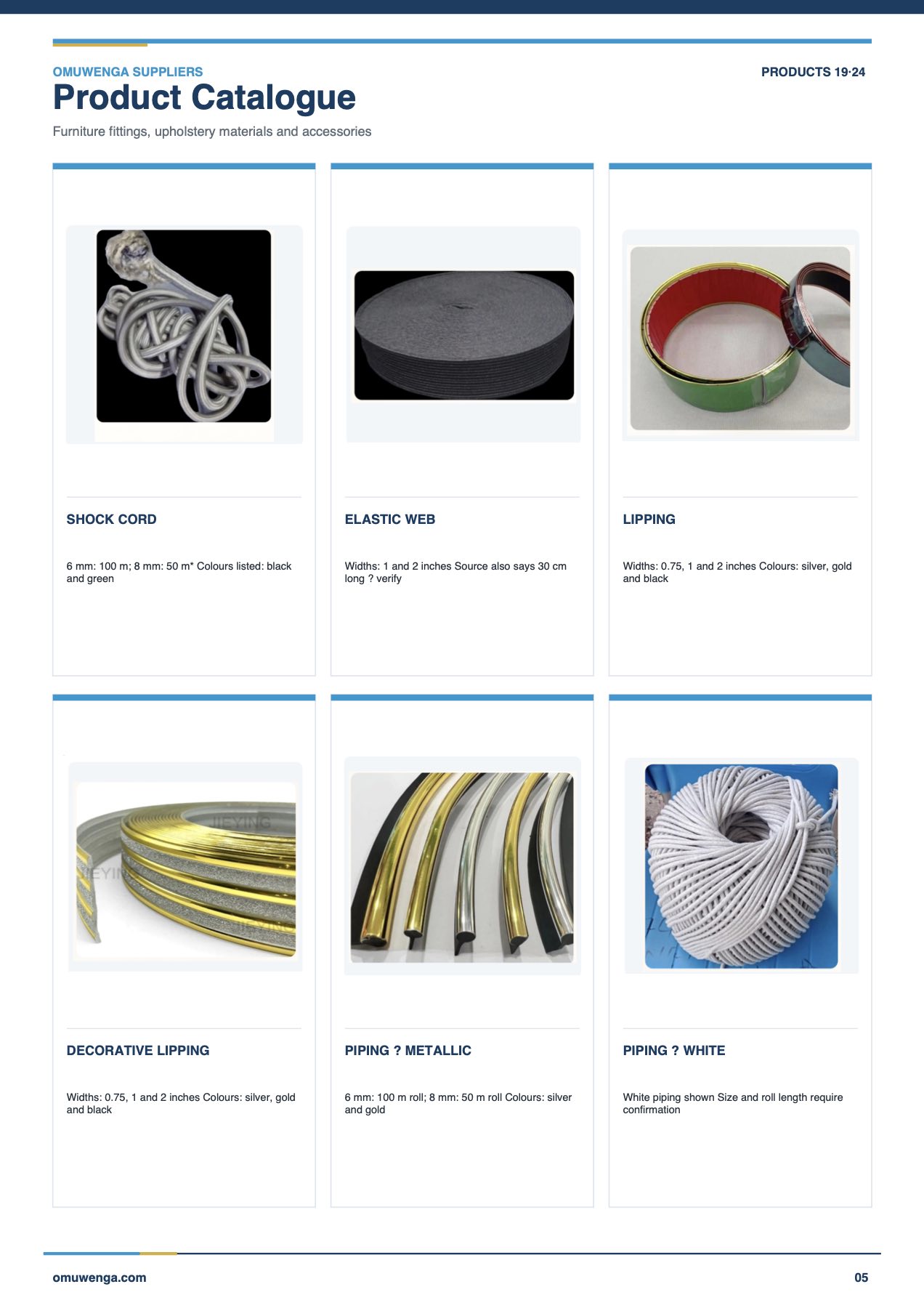 Page 5: shock cord, elastic web, lipping, decorative lipping, metallic piping and white piping.