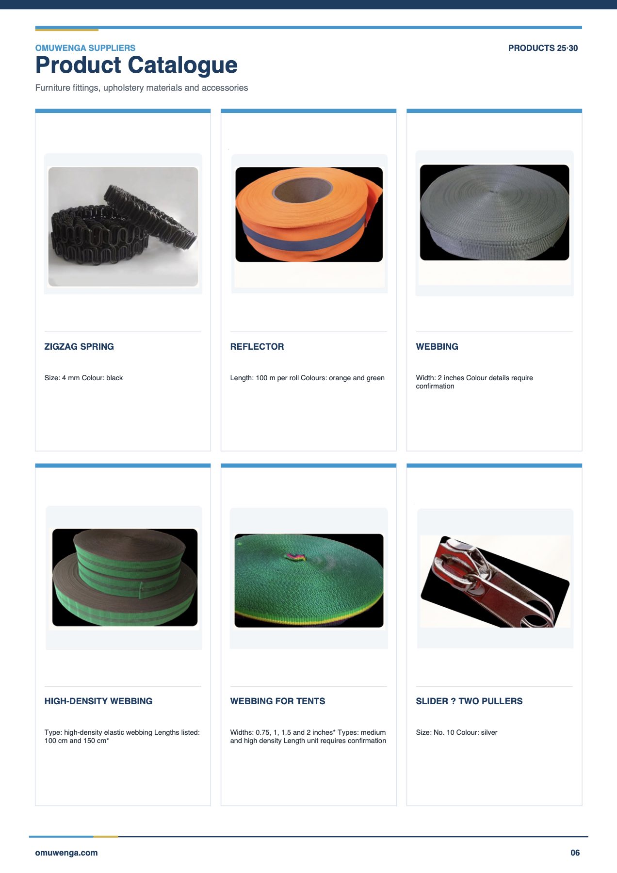 Page 6: zigzag spring, reflector, high-density webbing, webbing for tents, webbing and a two-pull slider.