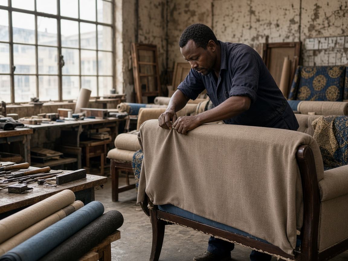 African furniture maker upholstering a raised wooden sofa frame